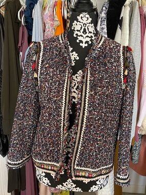 Zara Multicolor Tweed Jacket with Red & Navy Accents